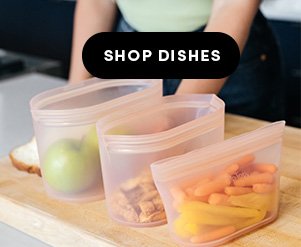 Three Peach Zip Top dishes being filled with veggies, fruits and other snacks. Shop Dishes
