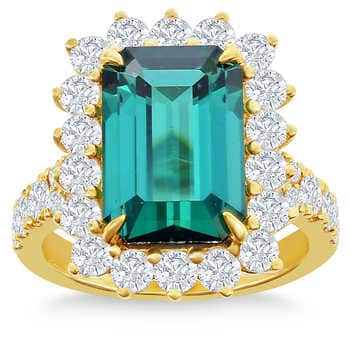 Emerald Cut 5.31 ct Bluish Green Tourmaline and Diamond 18kt Yellow Gold Ring
