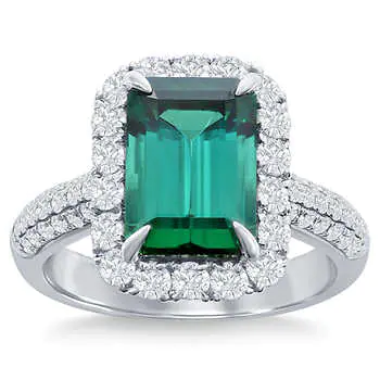 Emerald Cut 4.16 ct Blue Green Tourmaline and Diamond 18kt White Gold Ring
