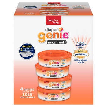 Playtex Diaper Genie Max Fresh Refill Bags with a Clean Laundry Scent and Anti-Microbial, 1,080-Count, with 2 Carbon Filters