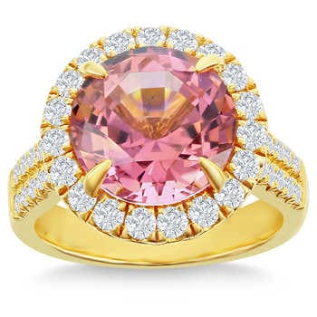 Round Cut 5.86 ct Pink Tourmaline and Diamond 18kt Yellow Gold Ring