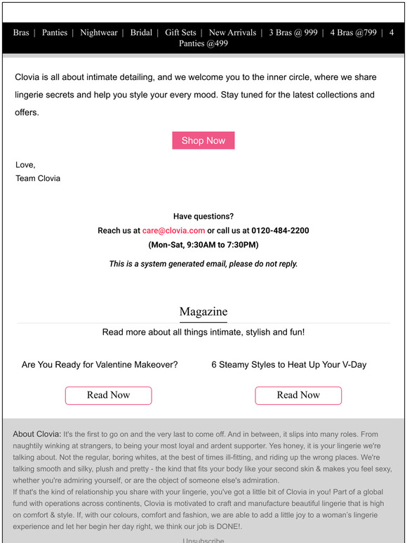 Thanks for signing up for Clovia's newsletter. Stay updated on offers & new releases!