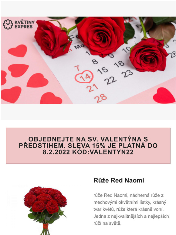 Svtek zamilovanch sv. Valentn - akce 15% na kytice a re
