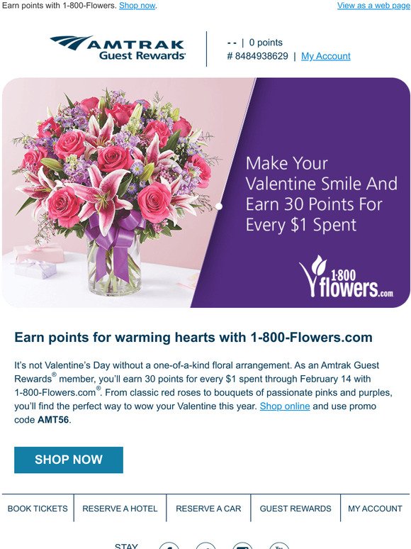 Amtrak send Valentines Day flowers and earn points. Milled