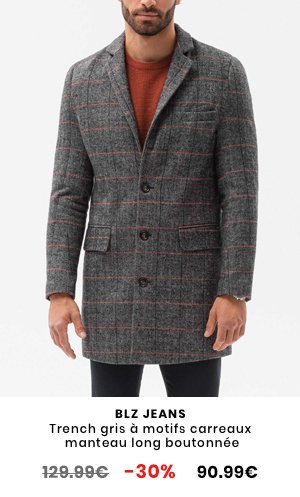 Trench gris à motifs carreaux manteau long boutonnée chic pour homme
