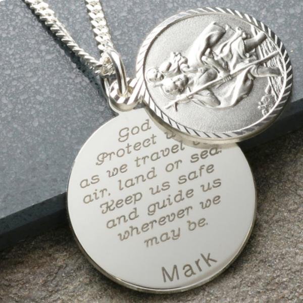 Sterling Silver Personalised Round St Christopher With Travellers Prayer & Optional Engraving