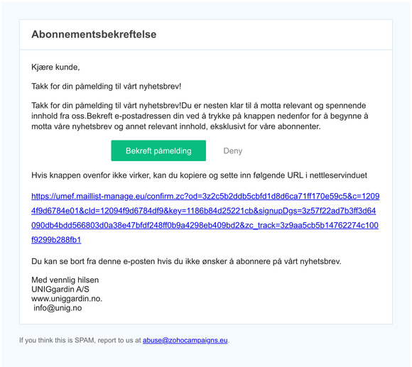 UNIGgardin A/S - Confirm Your Subscription