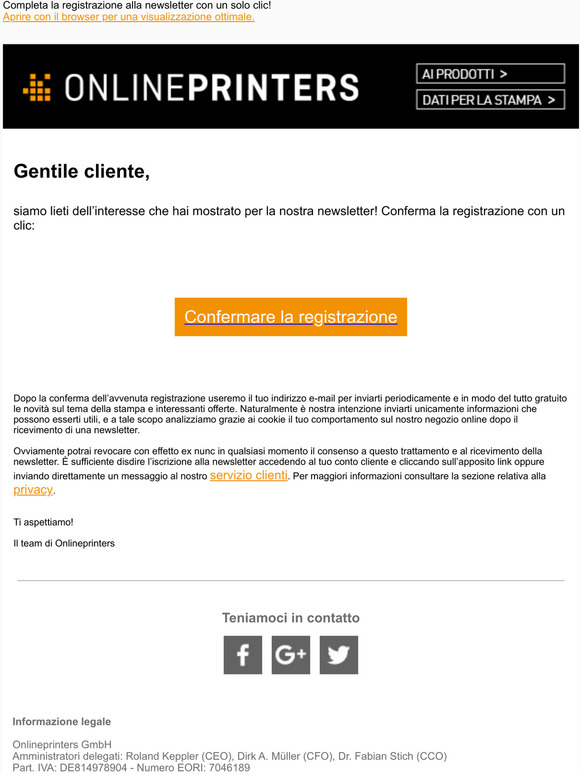 Conferma subito la registrazione alla newsletter
