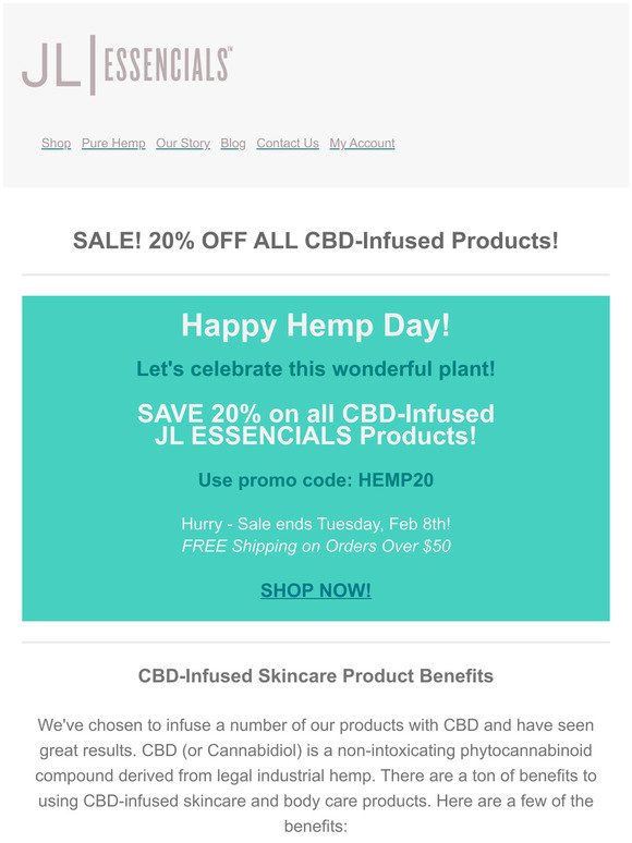 Save 20% on CBD-Infused Skincare Products! Happy Hemp Day!