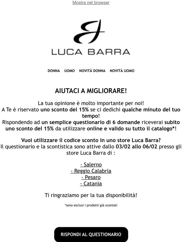 -15% di sconto su tutto il catalogo Luca Barra