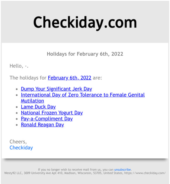 Checkiday Holidays for February 6th, 2022! Milled