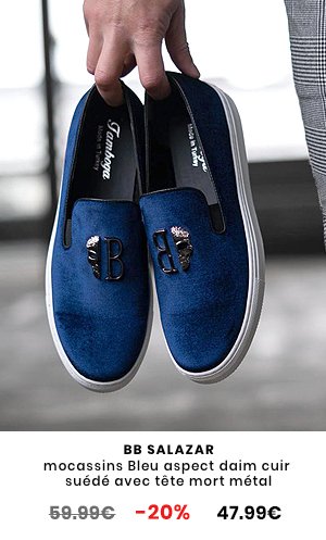 Chaussures mocassins Bleu aspect daim cuir suédé avec tête mort métal et semelle type sneakers pour homme