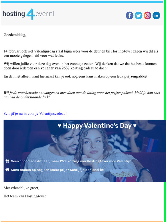 Hosting4ever heeft het perfecte valentijnscadeau voor jou, een 25% korting voucher!