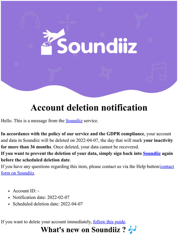 Scheduled Soundiiz account deletion