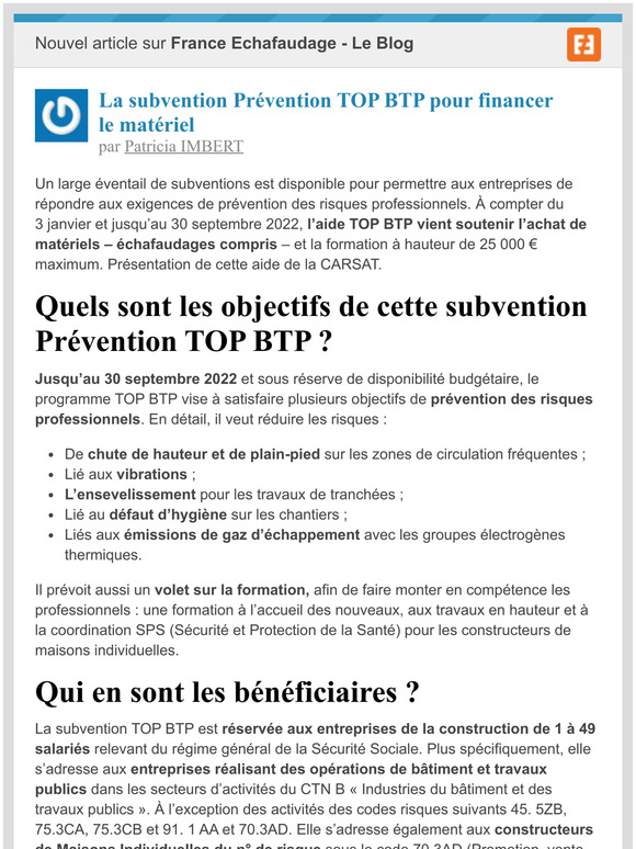 [Nouvel article] La subvention Prvention TOP BTP pour financer le matriel
