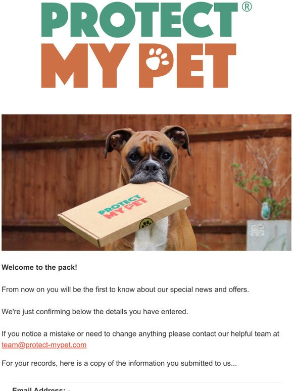 Protect My Pet Email Communications: Sign Up Confirmed