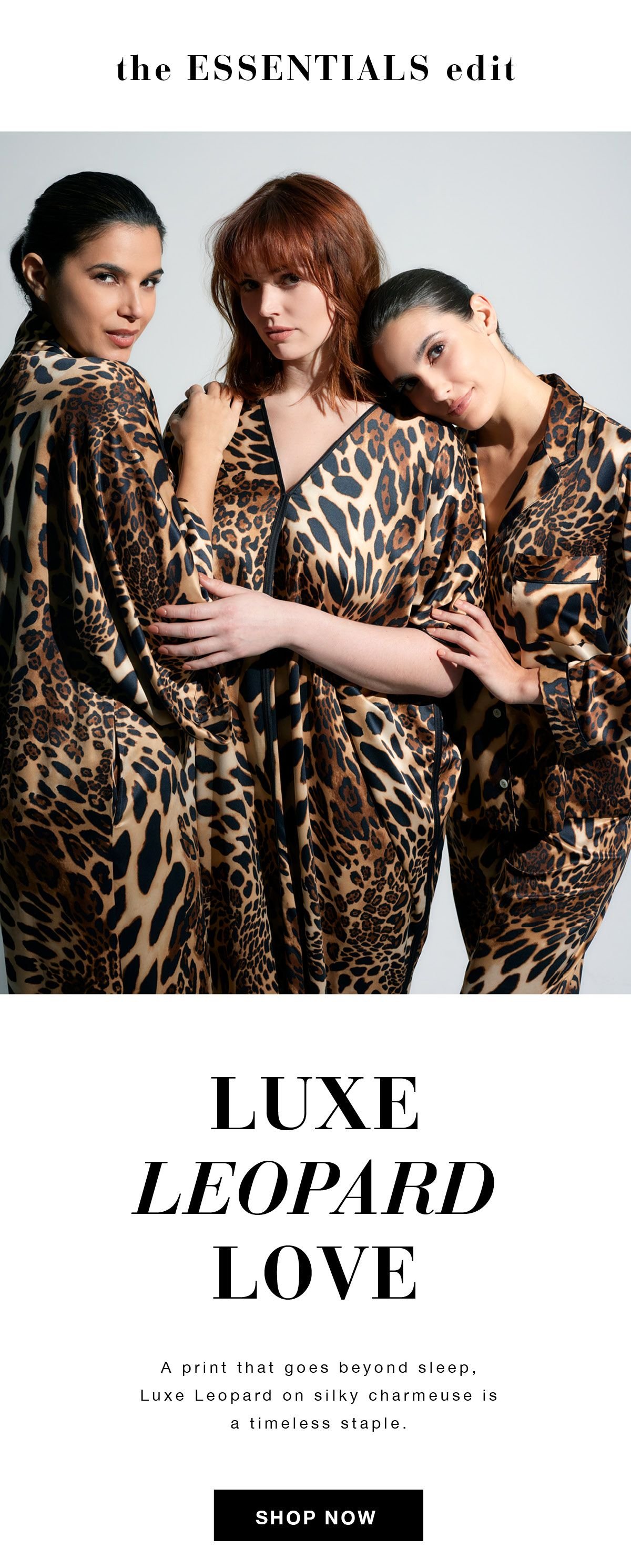 Image of model wearing natori luxe leopard caftan, luxe leopard pj and luxe leopard robe