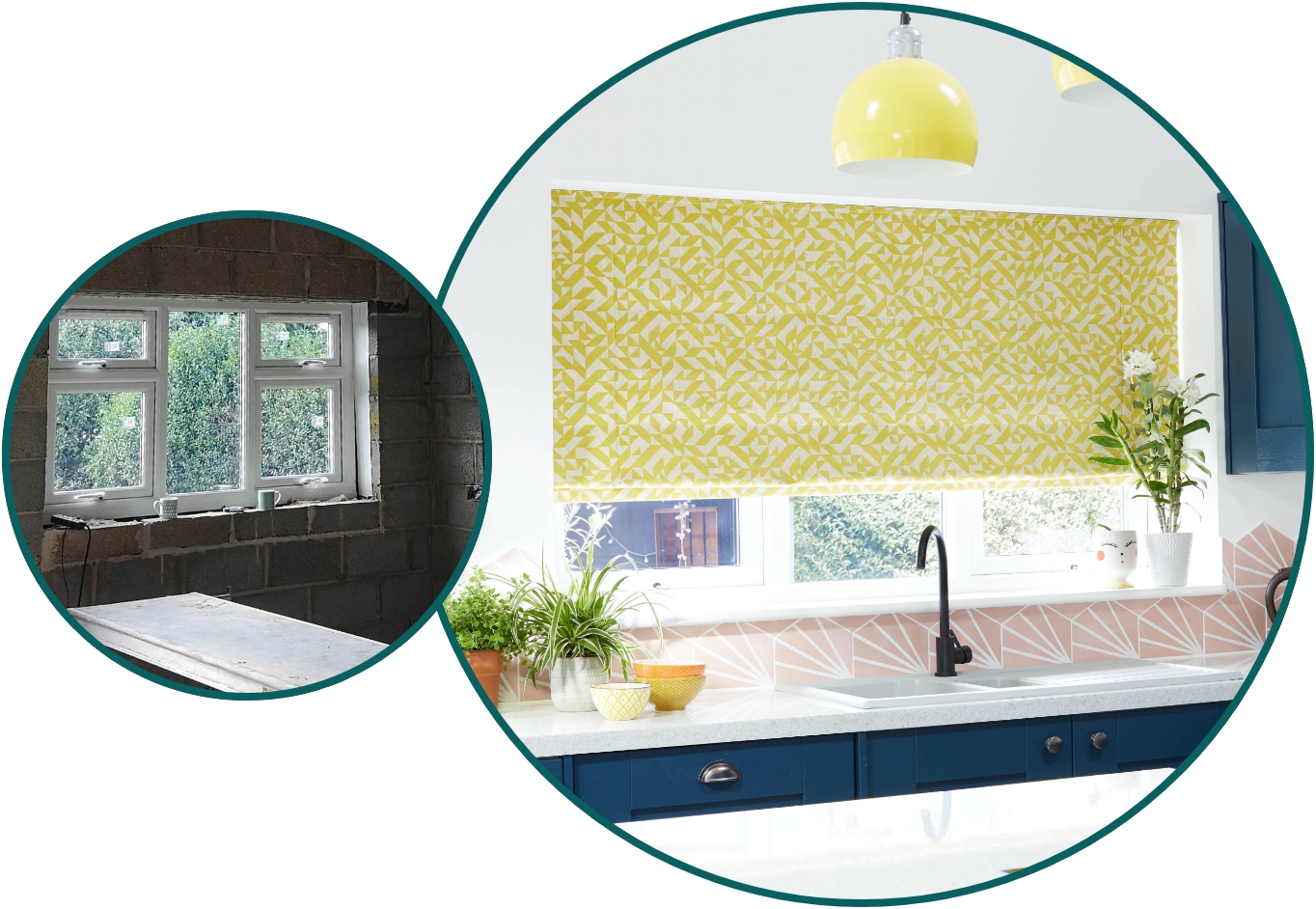 Before and after shots of Dan's kitchen; before was a building site; after show a spacious kitchen with a yellow Roman blind in the window