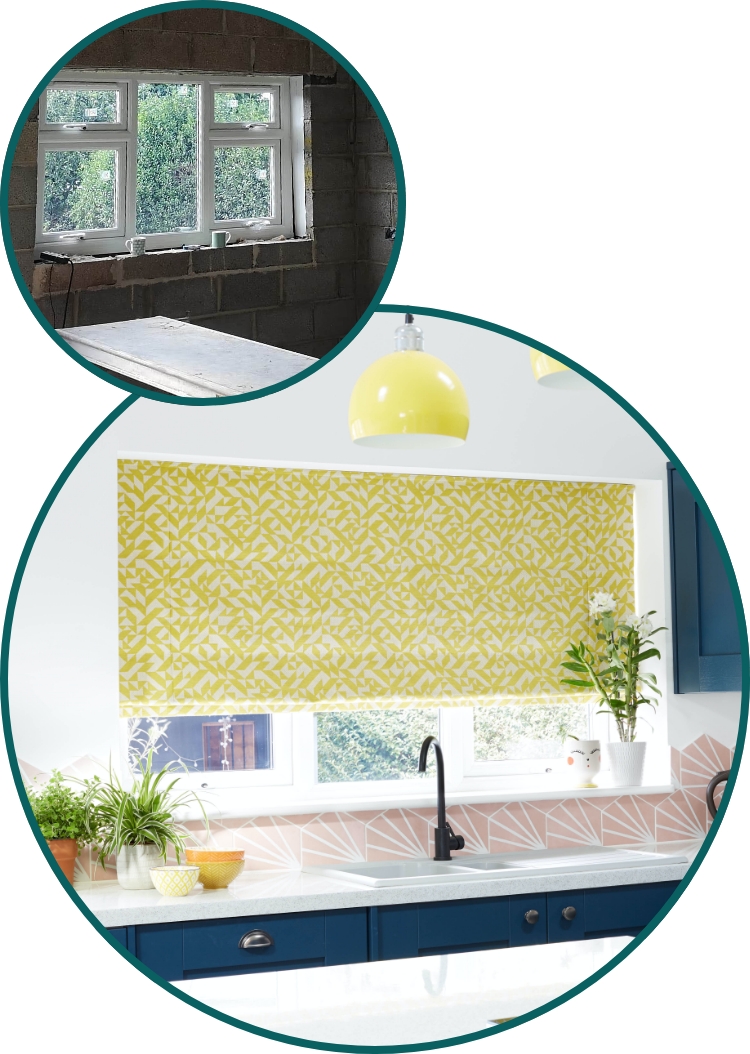 Before and after shots of Dan's kitchen; before was a abuilding site; after show a spacious kitchen with a yellow Roman blind in the window