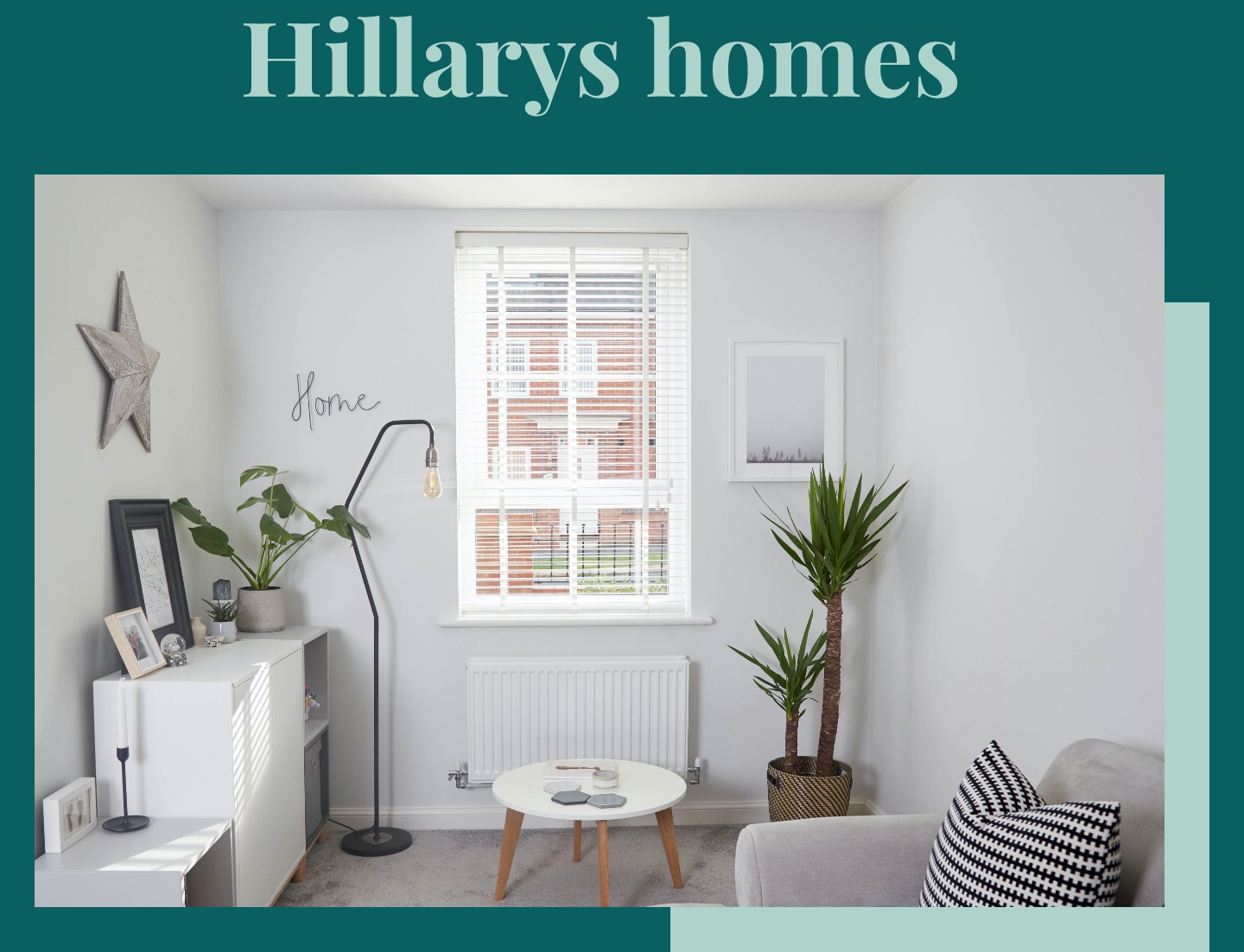 White living room with a Venetian blind in the window