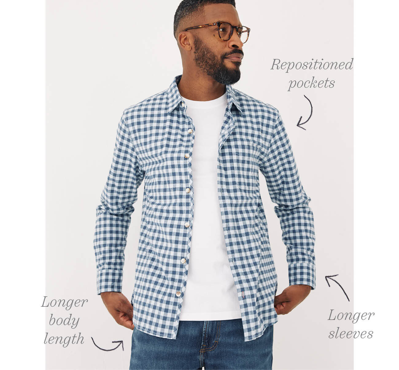 Longer sleeves | Longer body length | Repositioned pockets