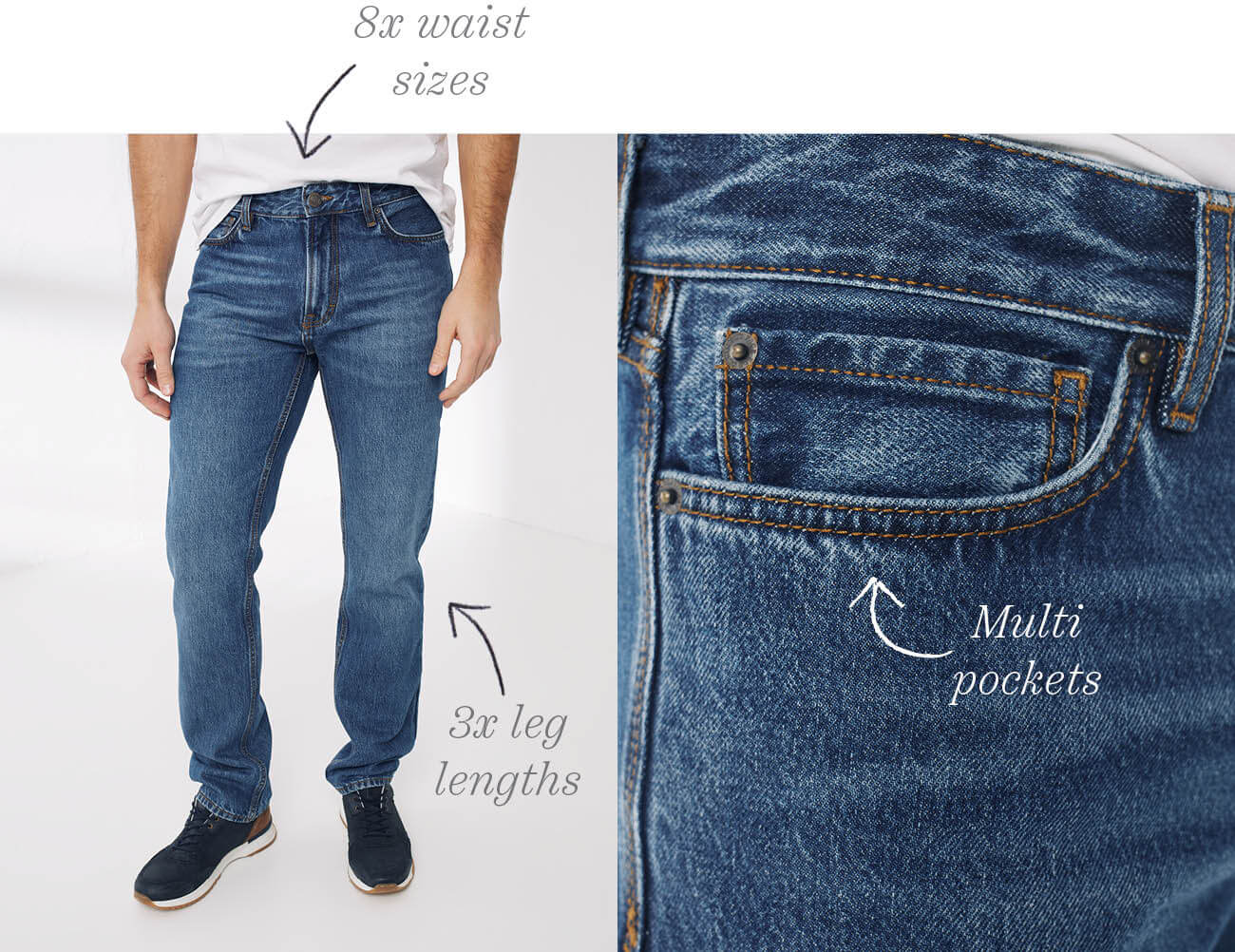 3 x leg lengths | 8 x waist sizes | Multi pockets
