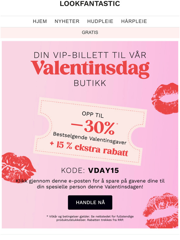  Valentinsdag: Opptil 30 % rabatt + 15 % ekstra!