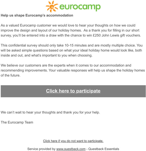 Eurocamp We need your help You could win 250 John Lewis vouchers