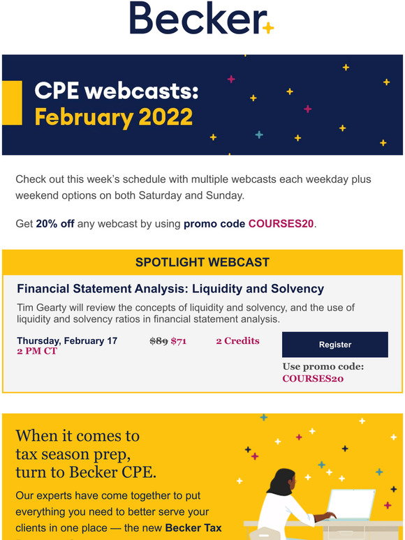 Becker Weekly CPE webcast calendar February 13, 2022 Milled