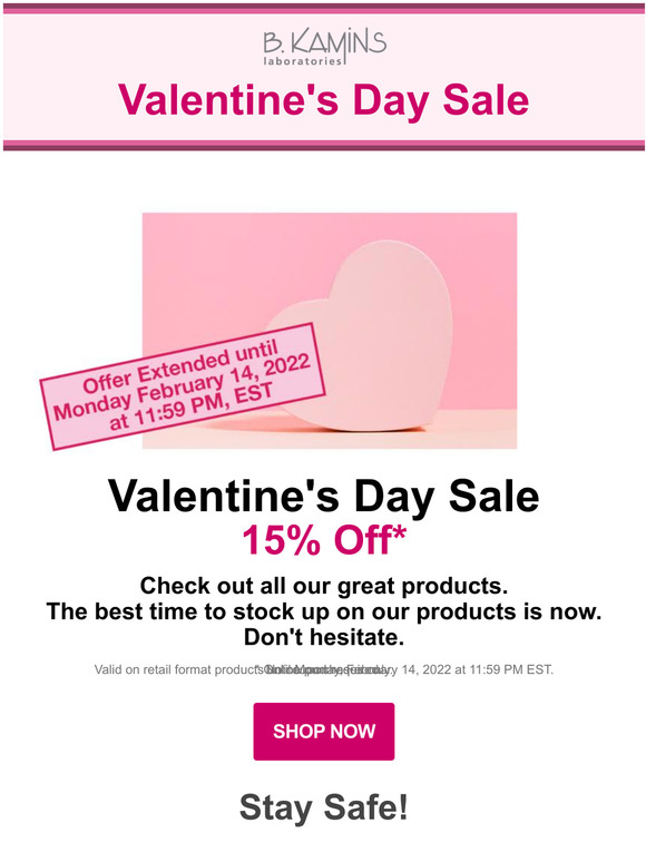 B. Kamins Valentine's Day Sale Extended - 15% Off 