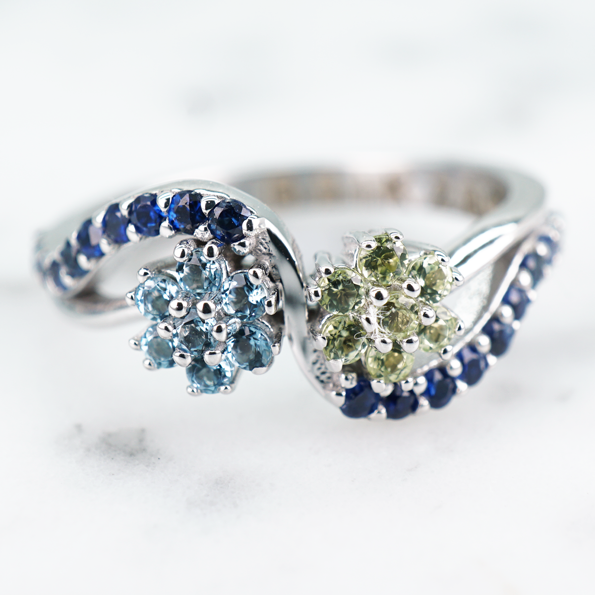 Simple Floral Pave Prabadara Peridot Ring with Aquamarine & Blue Sapphire in 14k White Gold