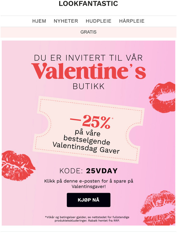 Gratulerer med valentinsdagen fra LOOKFANTASTIC  25% RABATT