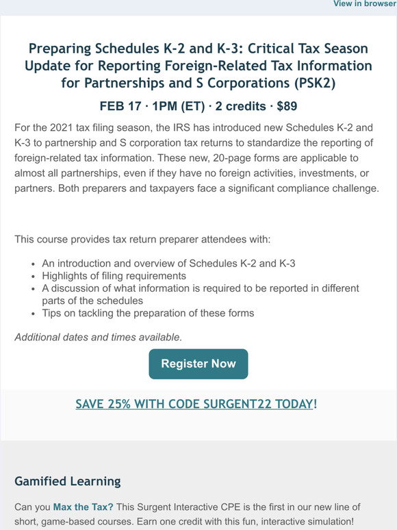Surgent: 25% off! New schedules K-2 & K-3 forms overview | Milled