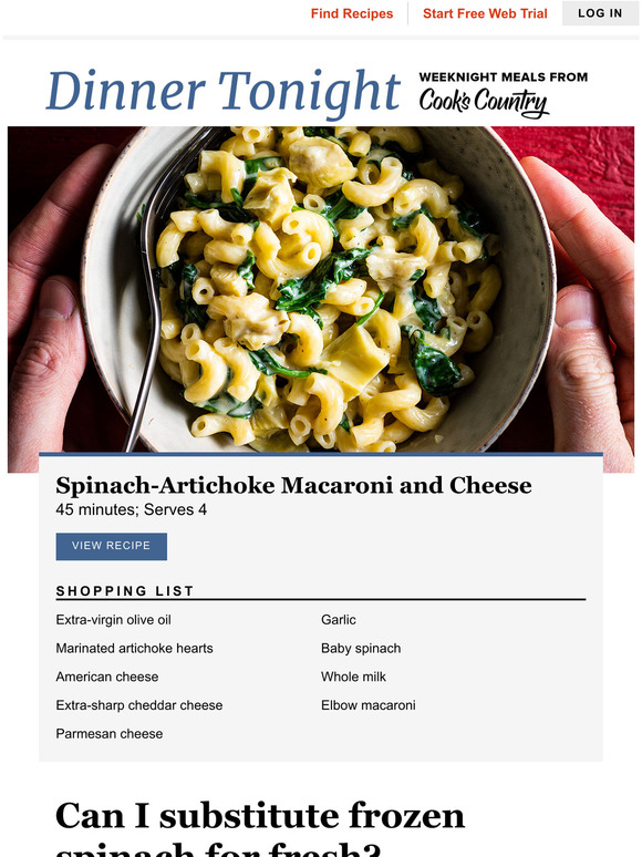 America's Test Kitchen Dinner Tonight SpinachArtichoke Macaroni and