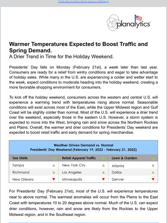 Presidents Day Weekend Outlook From Planalytics