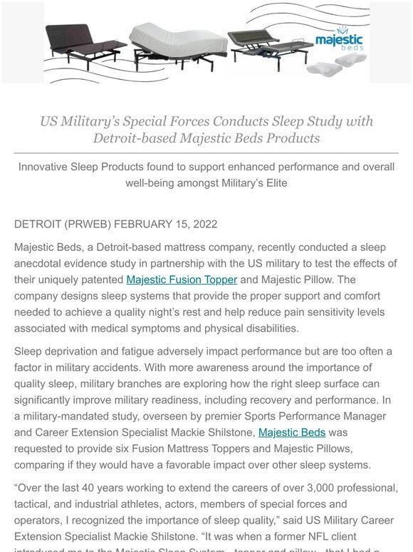 Special Forces Conducts Sleep Study with Detroit-based Majestic Beds Products