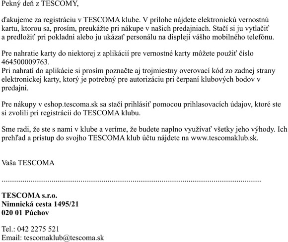 Vitajte v TESCOMA klube  posielame vm elektronick kartu
