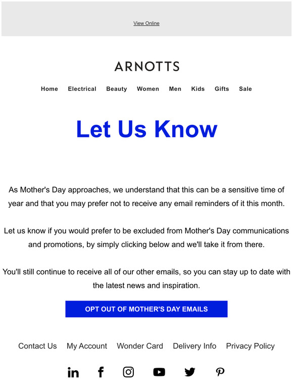 Arnotts Let us know Mother's Day Opt Out Milled