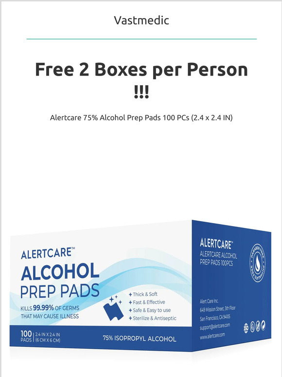 Hi -Free 2 Boxes: Alertcare 75% Alcohol Prep Pads 100 PCs (2.4 x 2.4 IN)