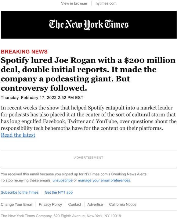 The New York Times: Breaking News: Spotify lured Joe Rogan with a $200 ...