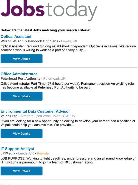 Your daily Job Alert from JobsToday