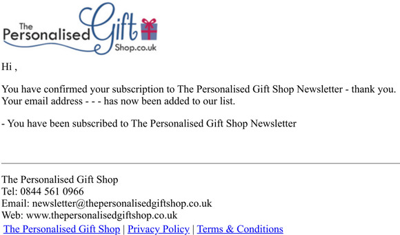 The Personalised Gift Shop - Your subscription is confirmed