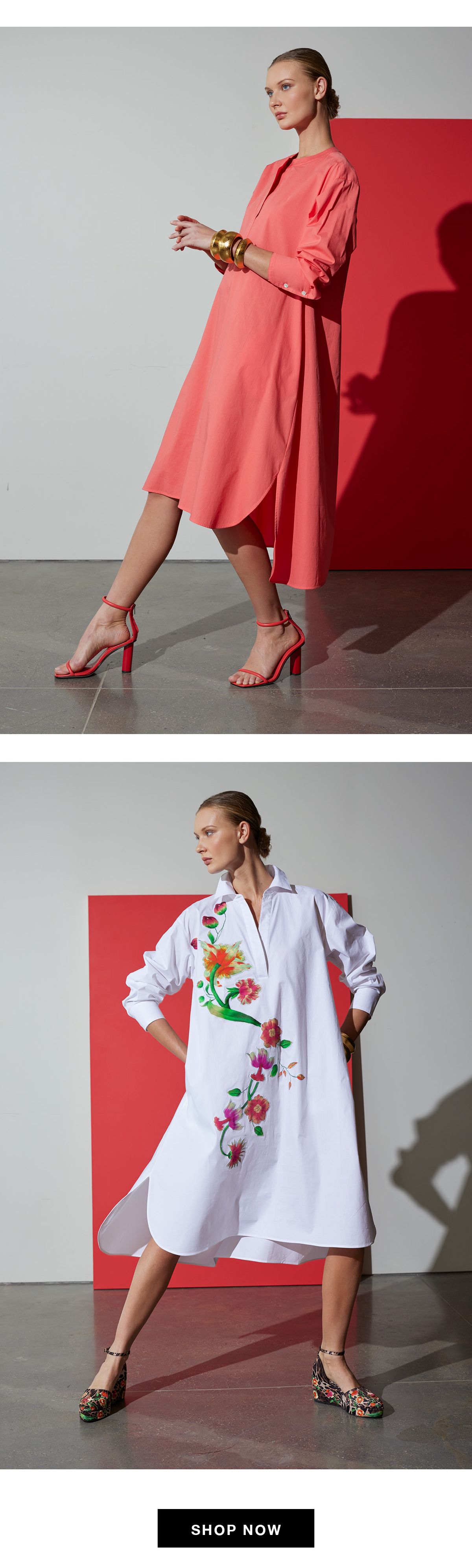 Image of model wearing natori cotton poplin oversized shirtdress and cotton poplin chikayo embroidery oversized shirtdress