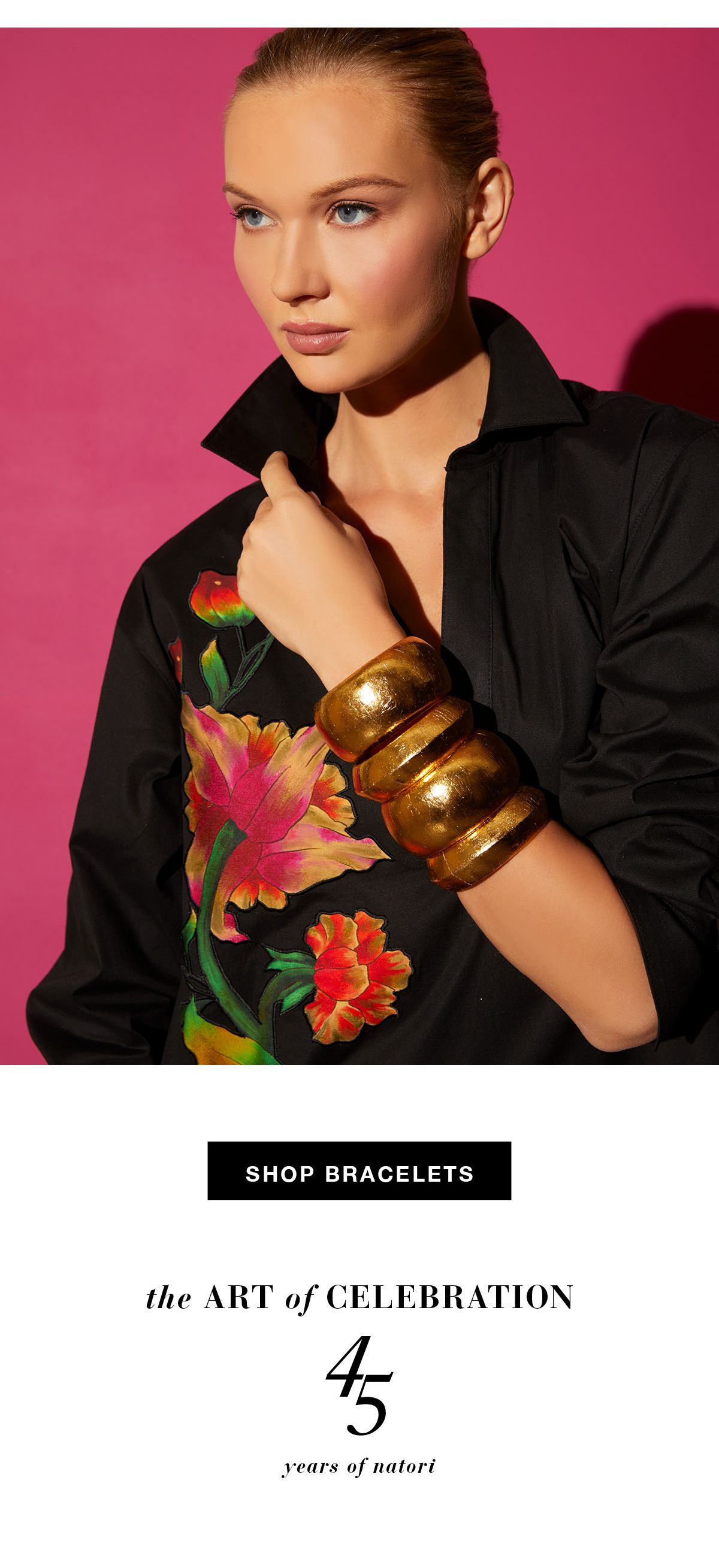 Image of model wearing natori acaia wood thick bangle bracelet and acaia wood thin bangle bracelet