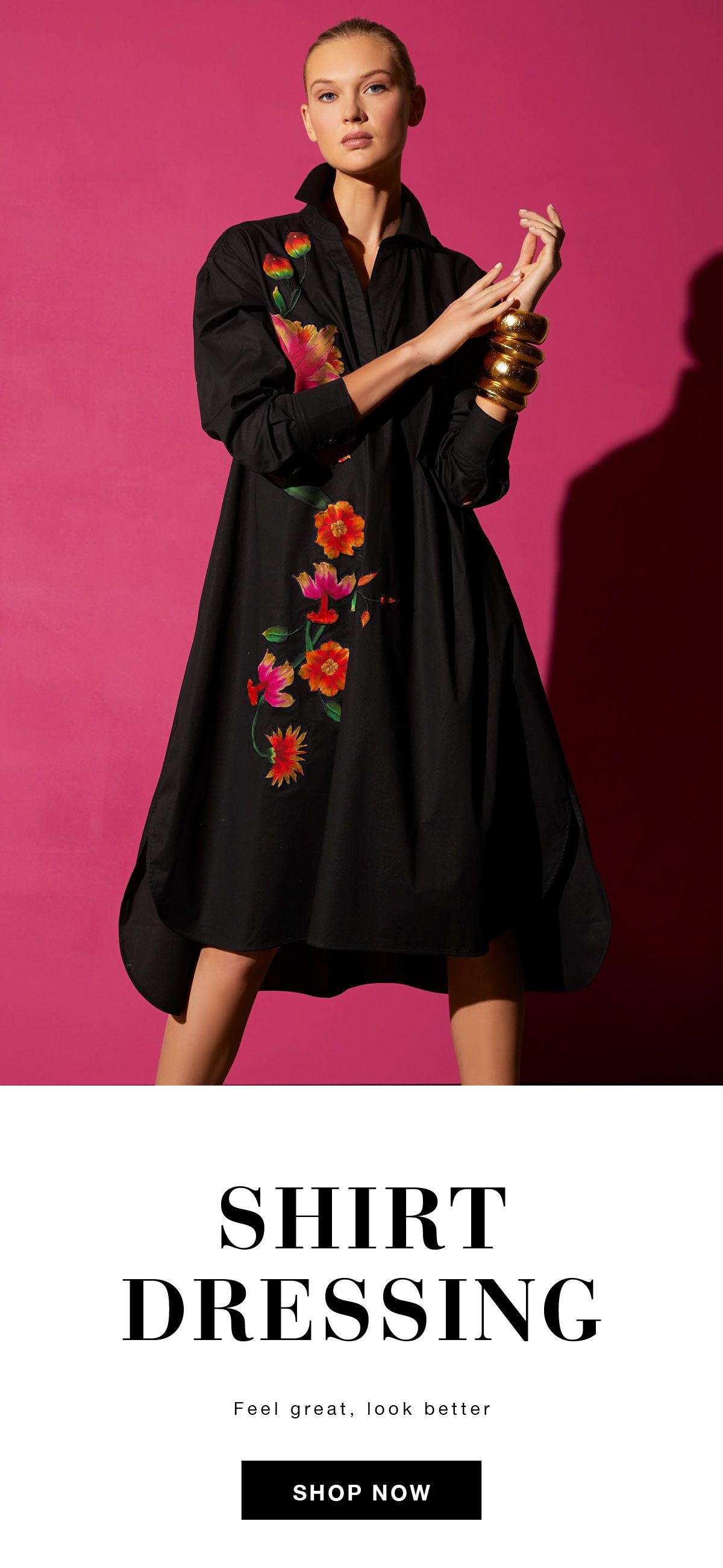 Image of model wearing natori cotton poplin chikayo embroidery oversized shirtdress