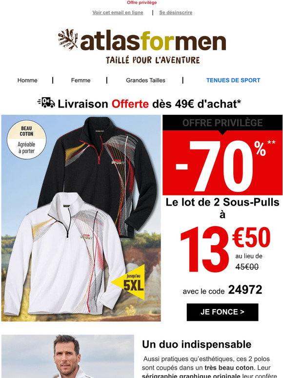 ATLAS FOR MEN - Lot de 2 sous-Pulls Zippés Outdoor - L