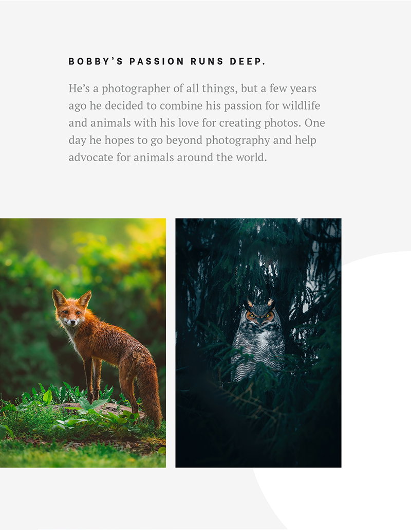 Bobby’s Passion Runs Deep.  He’s a photographer of all things, but a few years ago he decided to combine his passion for wildlife and animals with his love for creating photos. One day he hopes to go beyond photography and help advocate for animals around the world.