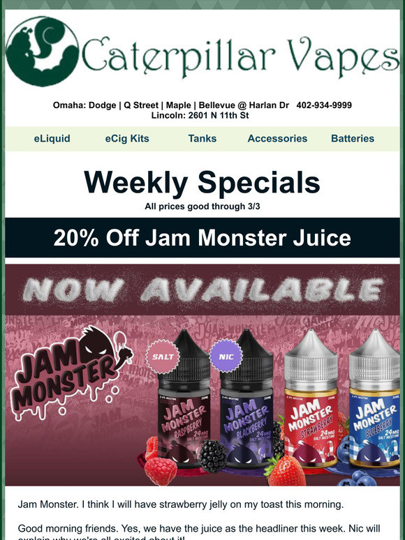 Caterpillar Vapes NEW Jam Monster Juice Now Available! Milled