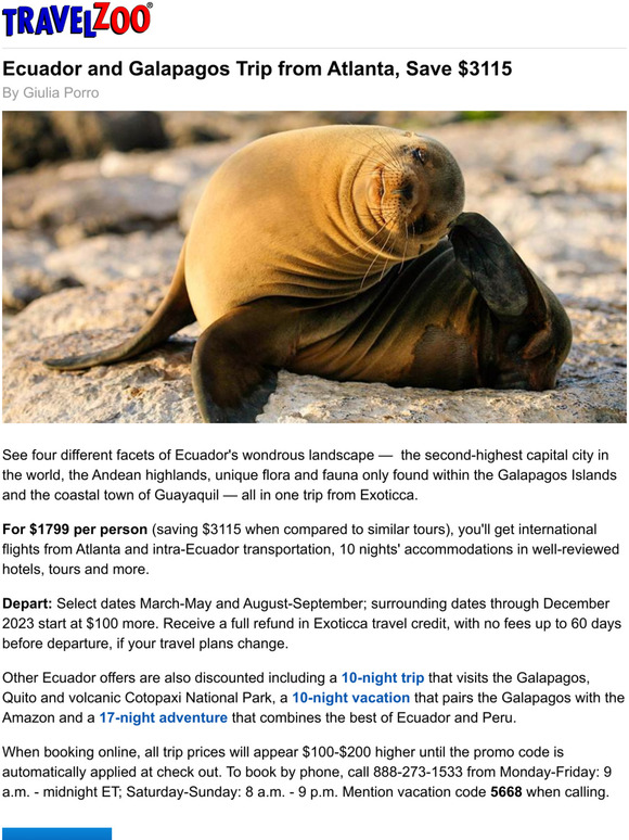 Travelzoo Ecuador and Galapagos Trip from Atlanta, Save 3115 Milled