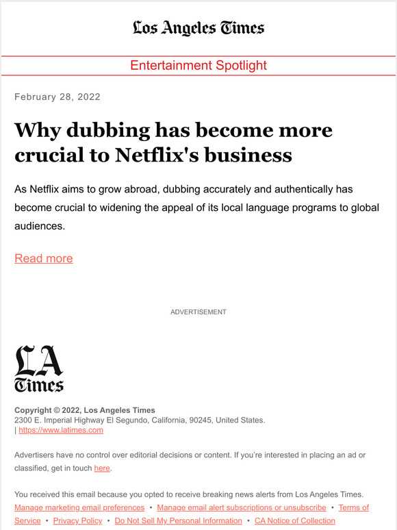 Los Angeles Times Dubbing has crucial to Netflix Milled